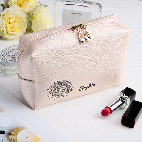 Custom Birth Flower Leather Makeup Bag