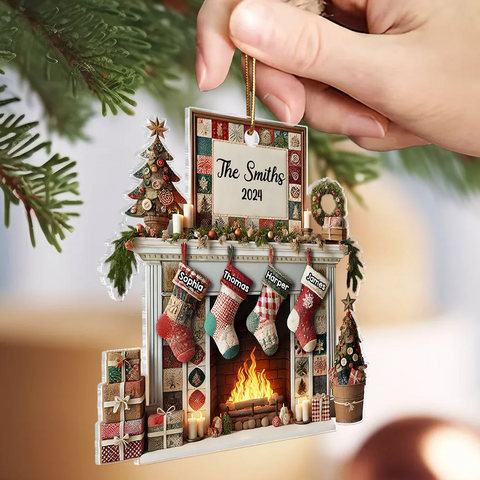 3D Effect Quilting Patchwork Fabric Patterns Fireplace Family Names Custom Acrylic Christmas Ornament 2025