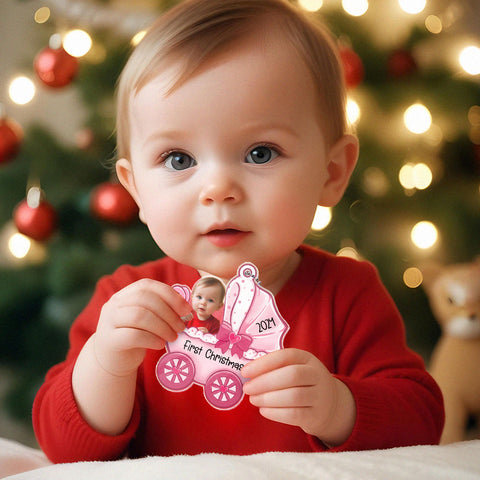 Personalized Baby's First Christmas Carriage Ornament with Custom Photo and Text