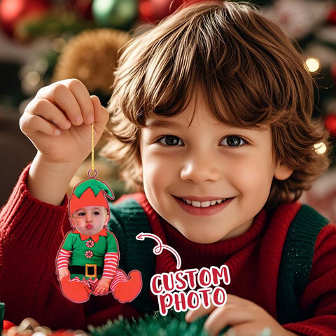 Custom Elf Baby Photo First Christmas Ornament