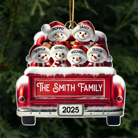 3D Effect Custom Snowman Family Red Car Acrylic Christmas Ornament 