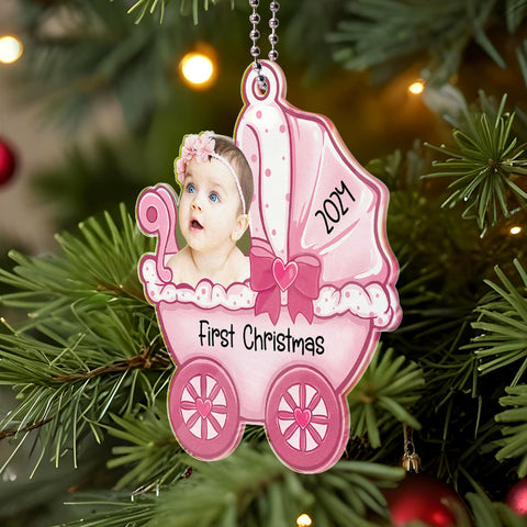 Personalized Baby's First Christmas Carriage Ornament with Custom Photo and Text
