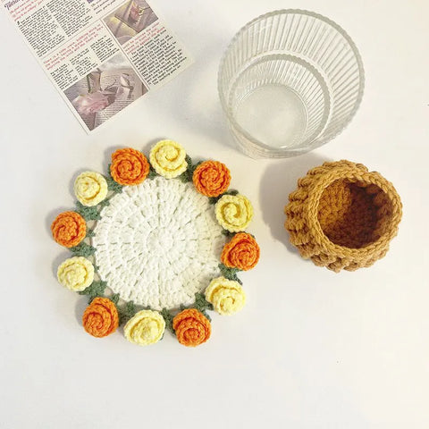 Spring Bloom Crochet Rose Coaster Handmade Gift for Her