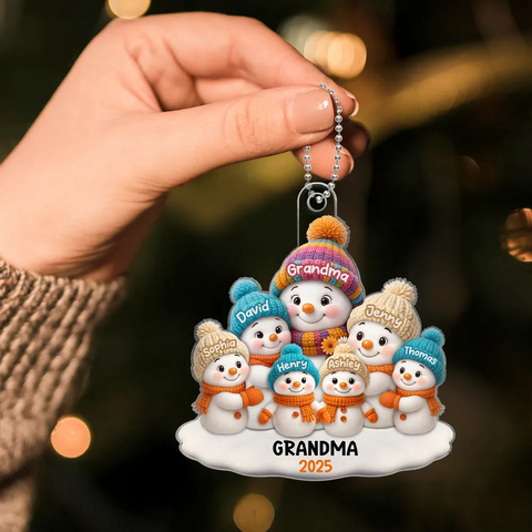 Snowman Grandma and Grandkids Custom Christmas Acrylic Ornament