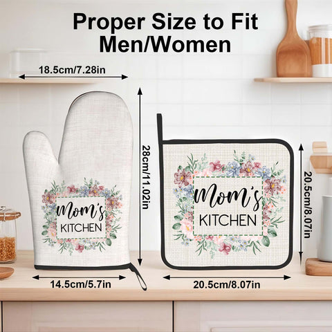 Custom Flower Print Oven Mitt and Pot Holder Set with Your Text