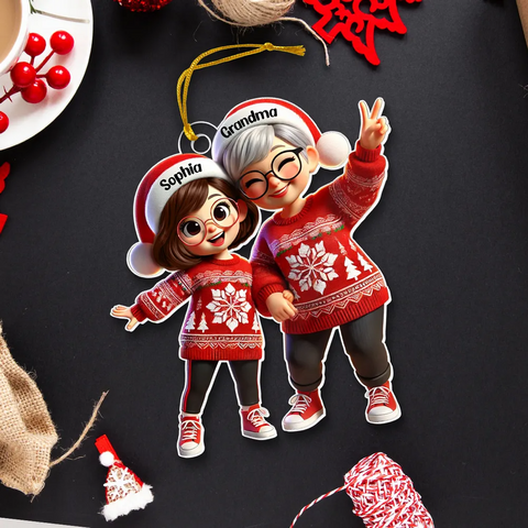 3D Effect Happy Grandma with Grandkids Custom Christmas Acrylic Ornament
