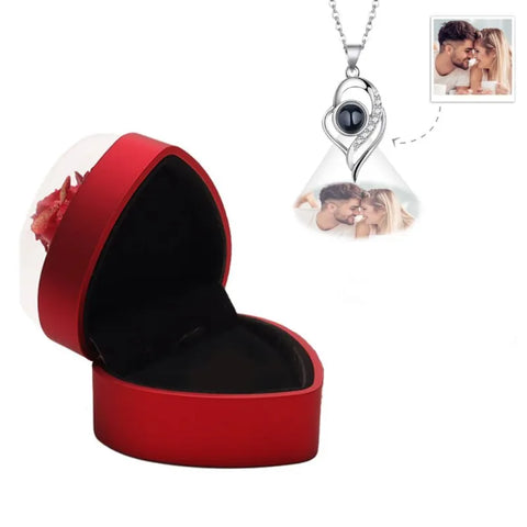 Personalized Heart Rose Jewelry Box with Custom Photo Projection Necklace