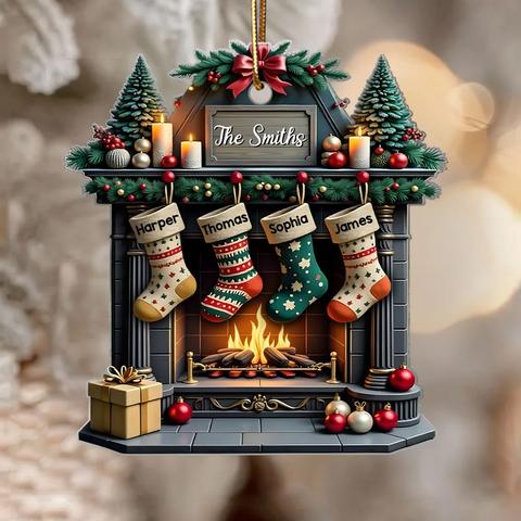 Vintage Retro Classic Fireplace Family Names Custom Acrylic Christmas Ornament