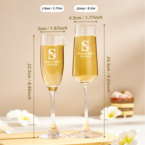 Personalized Bride and Groom Champagne Flutes with Monogram, Names & Date