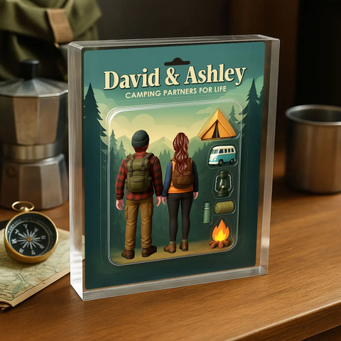 3D Effect Custom Camping Couple Figurine Toy Box Style Acrylic Block Plaque