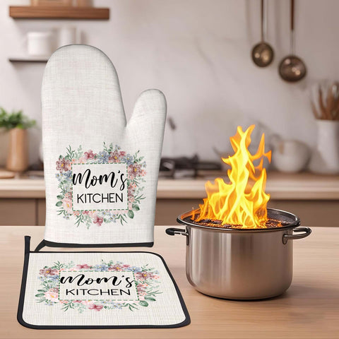 Custom Flower Print Oven Mitt and Pot Holder Set with Your Text