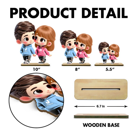 3D Effect Cute Cartoon Couple Holding Hands Custom Standing Wooden Plaque