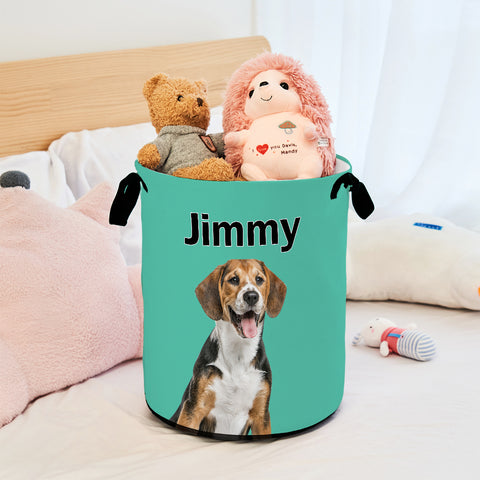 Custom Pet Photo Storage Basket with Name Toy & Laundry Organizer for Kids or Pet Lovers