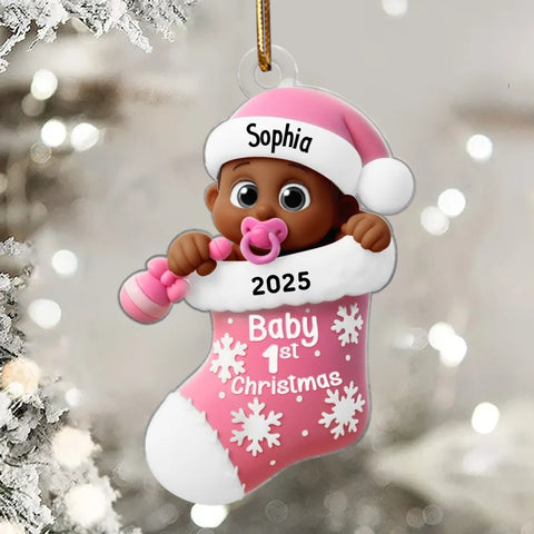 Cute Cartoon Baby In Stocking Baby's 1st Christmas Custom Acrylic Ornament