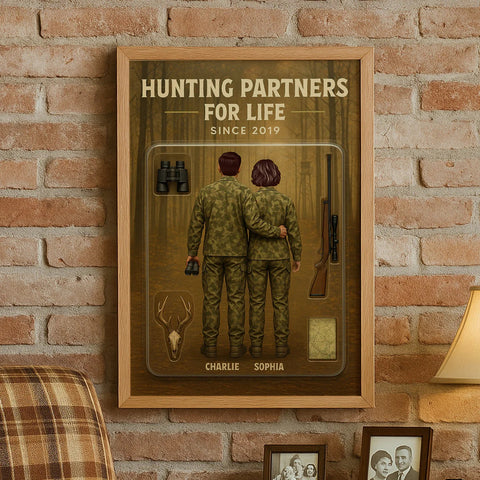 “ Hunting Partners For Life" 3D Effect Custom Couple Figurine Canvas Print/Framed Poster/Poster