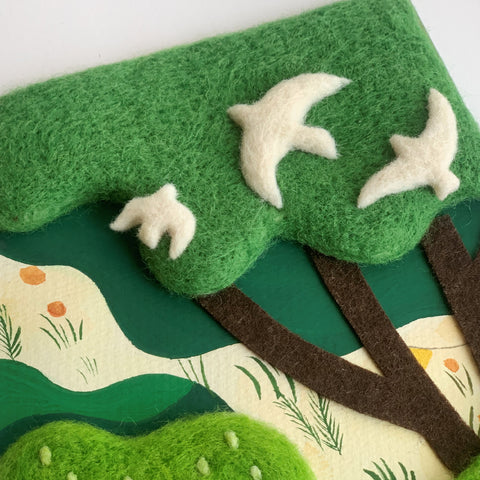 Birdsong in the Trees Handmade Framed Felt Art for Peaceful Desk Decor