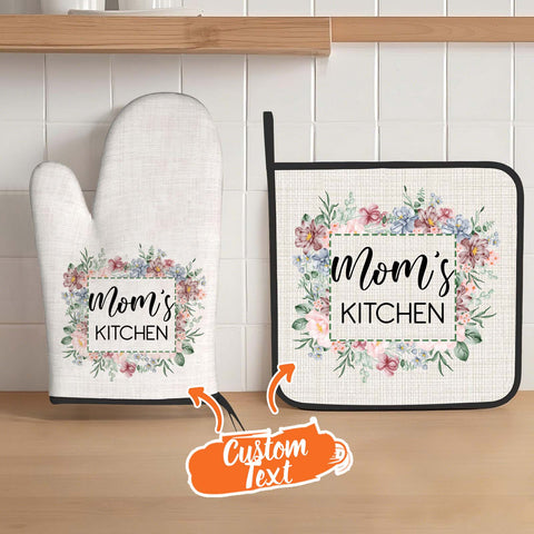 Custom Flower Print Oven Mitt and Pot Holder Set with Your Text