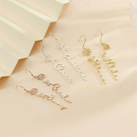 Custom Name Earrings with Birth Flower