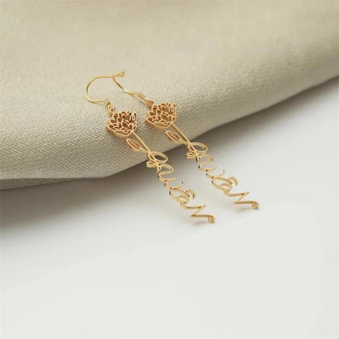 Custom Name Earrings with Birth Flower