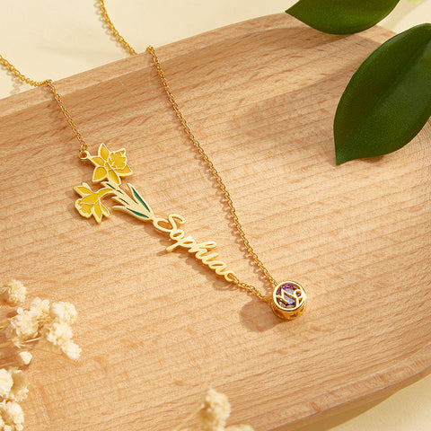 Personalized Birth Flower & Star Sign Name Necklace