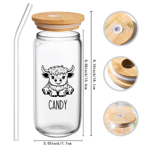 Personalized Cute Highland Cow Glass Tumbler with Name