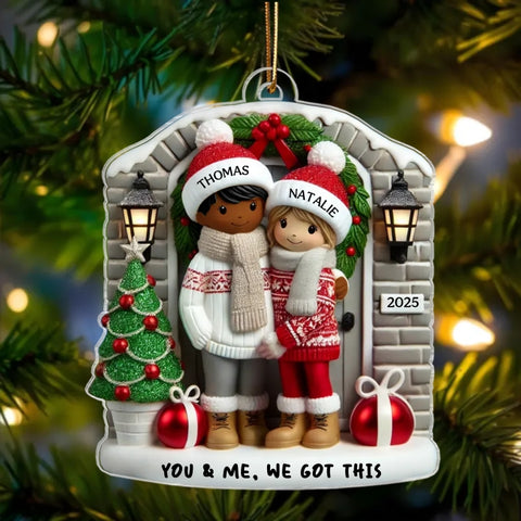 Custom Farmhouse Couple with Pets Christmas 2025 Acrylic Ornament 