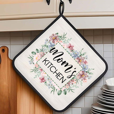 Custom Flower Print Oven Mitt and Pot Holder Set with Your Text