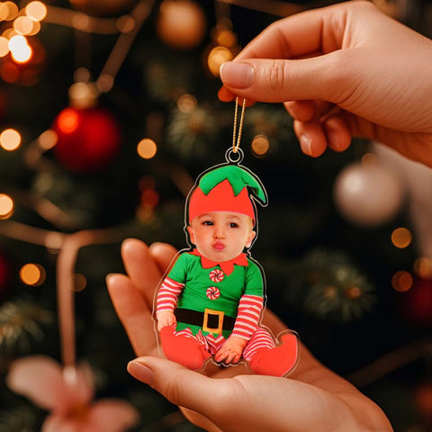 Custom Elf Baby Photo First Christmas Ornament