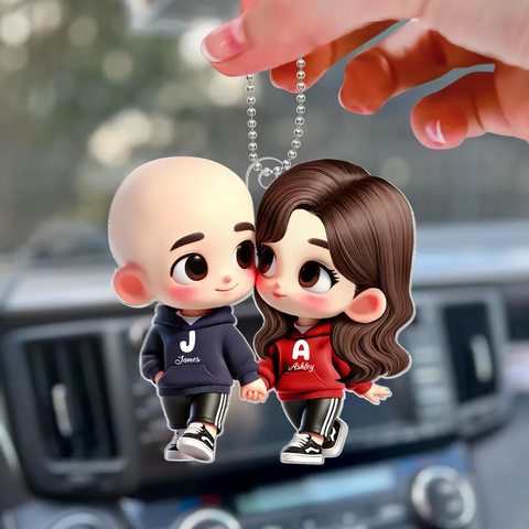 3D Effect Cute Cartoon Couple Holding Hands Custom Acrylic Car Hanger