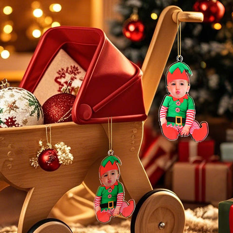 Custom Elf Baby Photo First Christmas Ornament