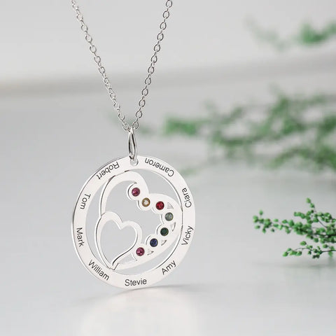 Custom Birthstone Circle Necklace with Engraved Names & Heart Design