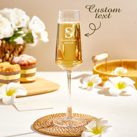 Personalized Bride and Groom Champagne Flutes with Monogram, Names & Date