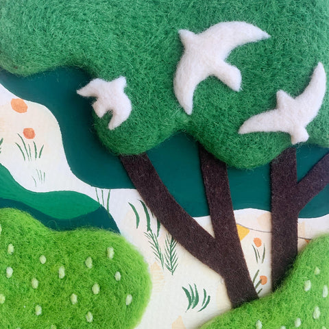 Birdsong in the Trees Handmade Framed Felt Art for Peaceful Desk Decor