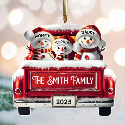 3D Effect Custom Snowman Family Red Car Acrylic Christmas Ornament 