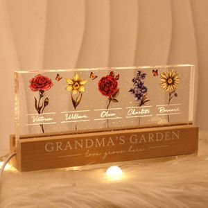 “Love Grows Here" Grandma's Garden Of Grandkids Birth Month Flowers Custom Acrylic LED Night Light
