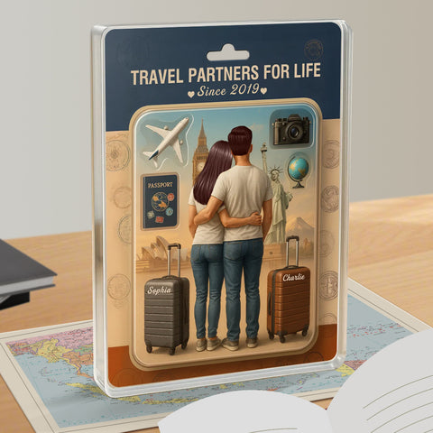 ” Travel Partners For Life" 3D Effect Custom Couple Figurine Acrylic Block 