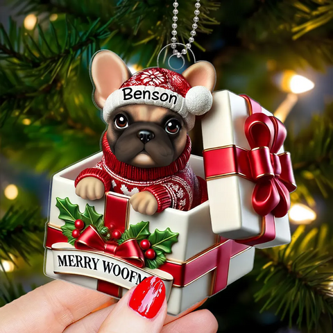 Cute Frenchie Inside Red Gift Box Cutom 2D Flat Acrylic Christmas Ornament 2025