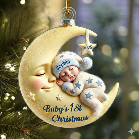 Moon Hugging the Sleeping Baby Custom Acrylic Ornament for Baby’s First Christmas