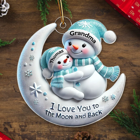 3D Effect Snowman Grandma and Grandkid On The Moon Custom Acrylic Christmas Ornament