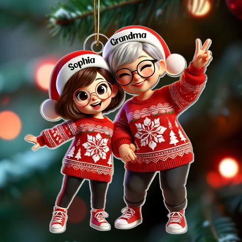 3D Effect Happy Grandma with Grandkids Custom Christmas Acrylic Ornament