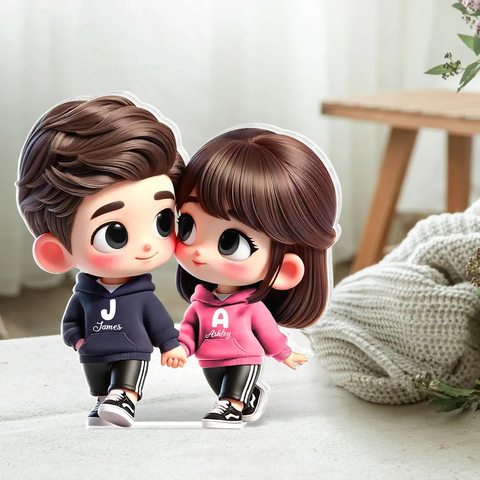 3D Effect Cute Cartoon Couple Holding Hands Custom Acrylic Block Plaque