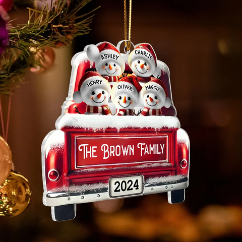 3D Effect Custom Snowman Family Red Car Acrylic Christmas Ornament 