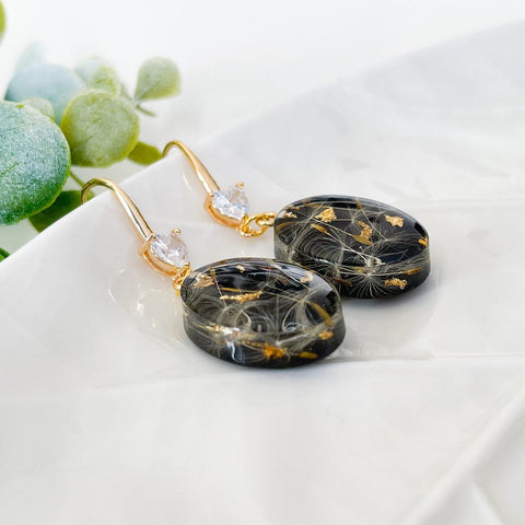 Nature’s Wish – Dried Dandelion Resin Earrings with Crystals
