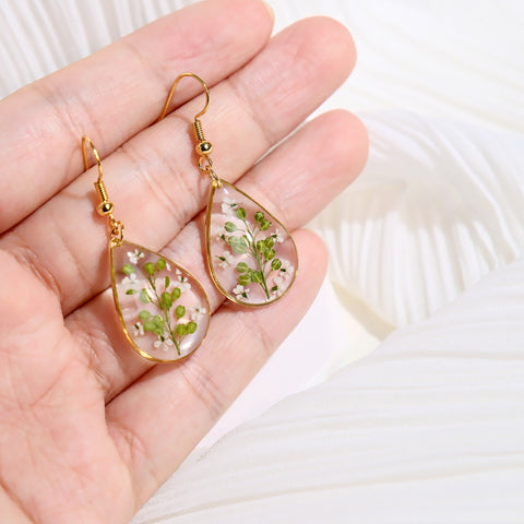 Green Leaves Handmade Pressed Flower Resin Earrings for Her