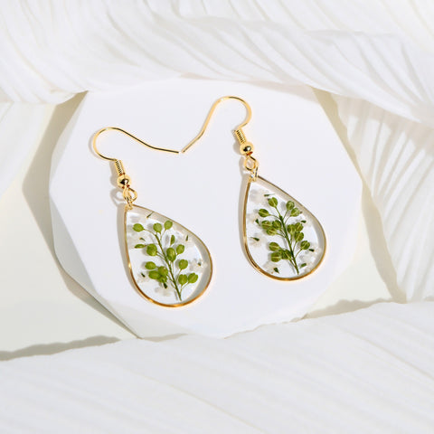 Green Leaves Handmade Pressed Flower Resin Earrings for Her