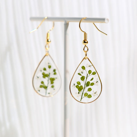 Green Leaves Handmade Pressed Flower Resin Earrings for Her