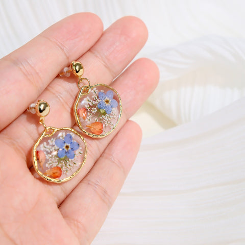 Forget Me Not Resin Earrings with Pressed Blue and Orange Florals