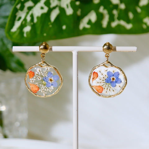 Forget Me Not Resin Earrings with Pressed Blue and Orange Florals