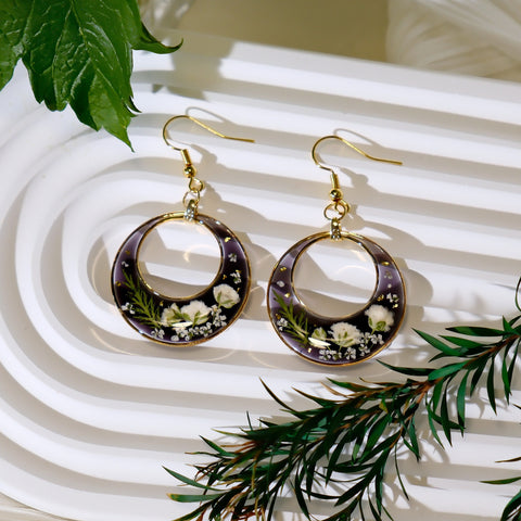 Botanical Crescent Hoop Earrings with Real Pressed Flowers