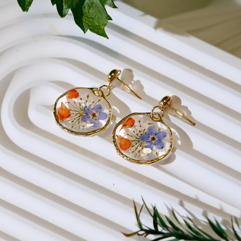 Forget Me Not Resin Earrings with Pressed Blue and Orange Florals